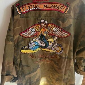 Camouflage Embroidered Motorcycle Patch Jacket - Olive